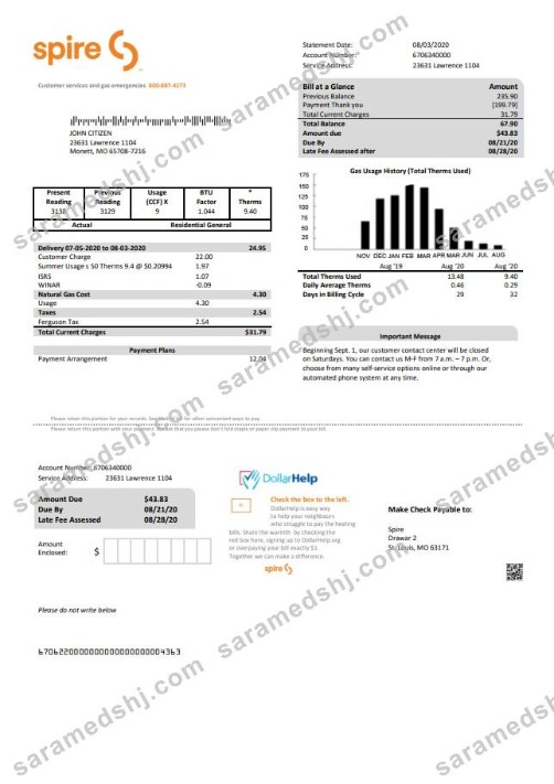 USA Spire gas utility bill template in Word and PDF format